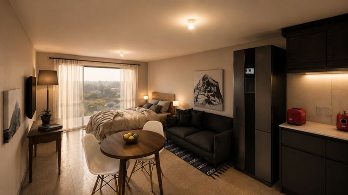 Render de interior de un monoambiente